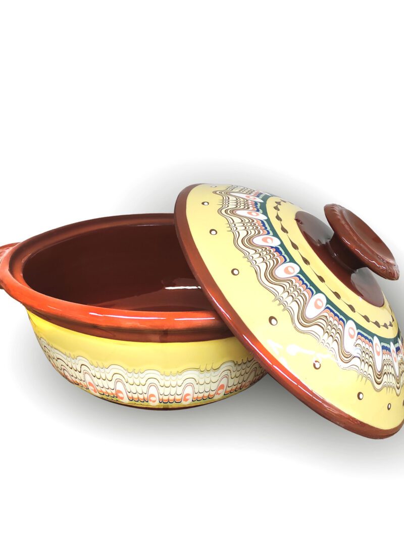 Garnek rzymski do pieczenia chleba 6l Spodek, żółty z kolorowym wzorem. Ręcznie malowany, oryginalna ceramika bułgarska.